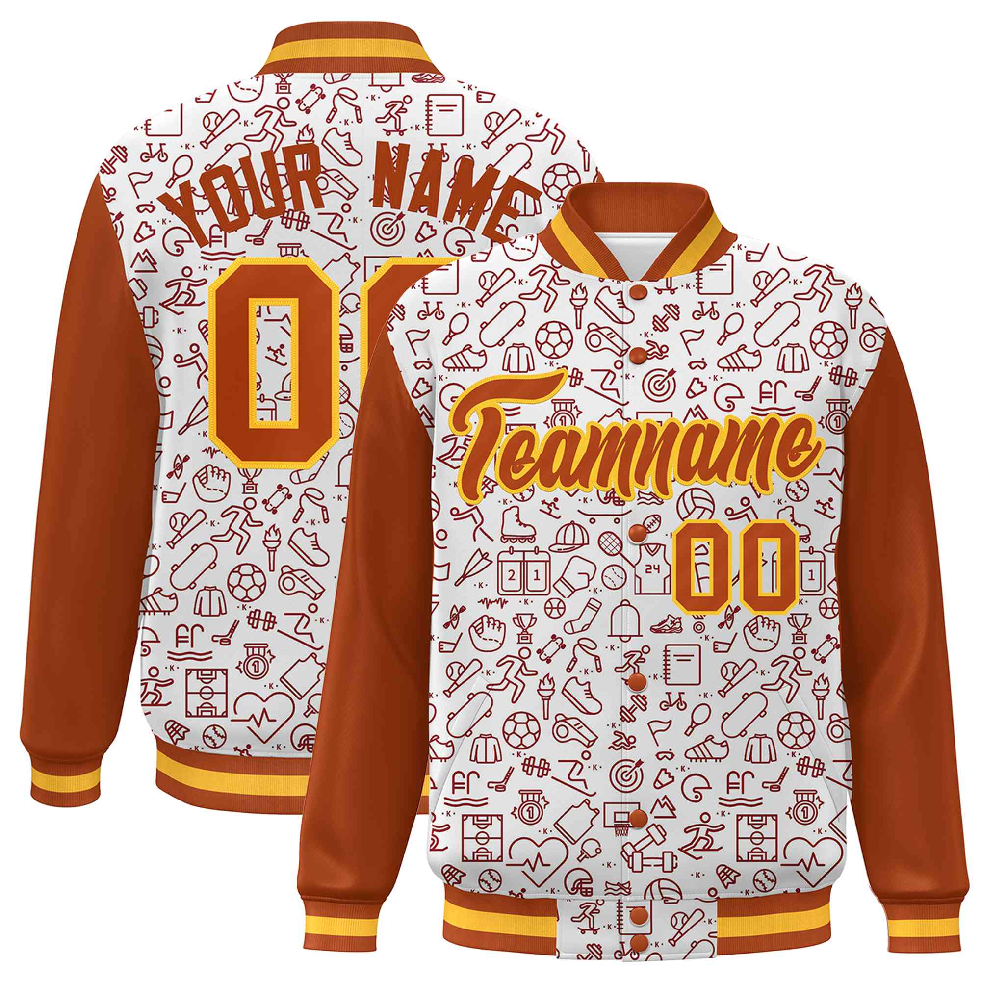 Custom White Texas Orange Line Graffiti Pattern Varsity Raglan Sleeves Letterman Baseball Jacket