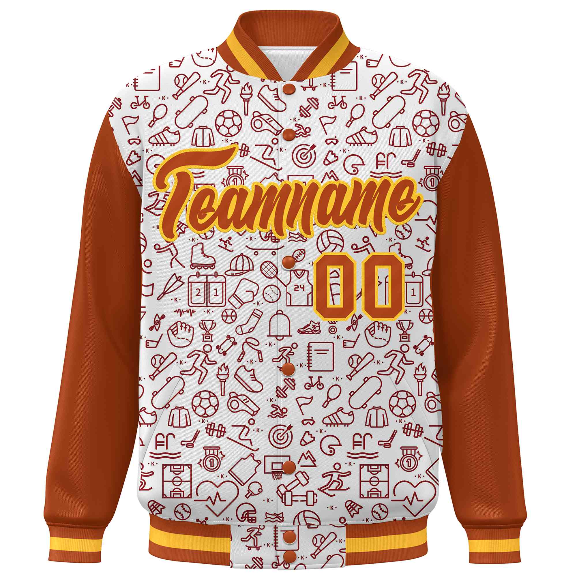 Custom White Texas Orange Line Graffiti Pattern Varsity Raglan Sleeves Letterman Baseball Jacket