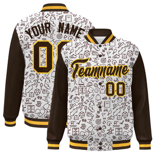 Custom White Brown Line Graffiti Pattern Varsity Raglan Sleeves Letterman Baseball Jacket