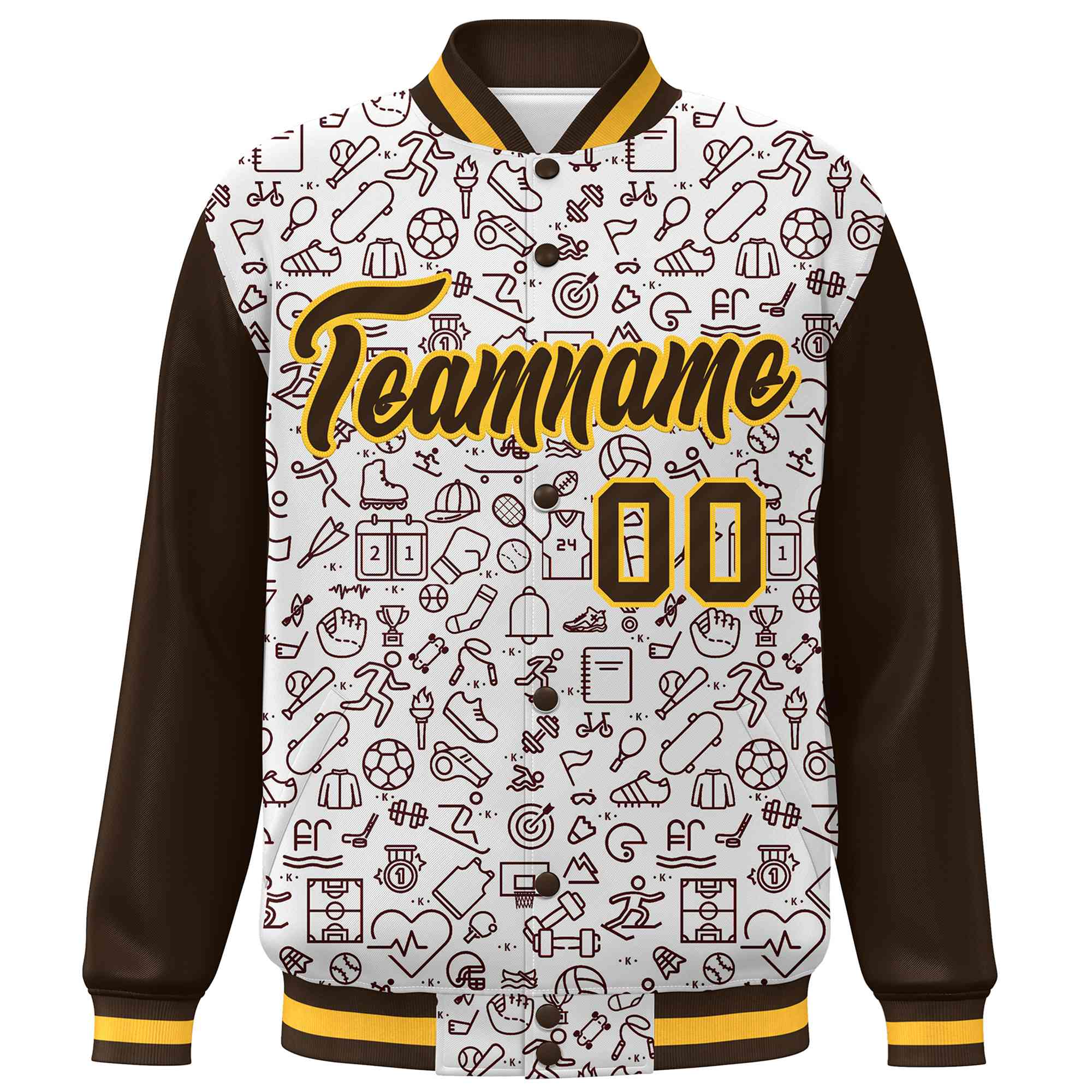 Custom White Brown Line Graffiti Pattern Varsity Raglan Sleeves Letterman Baseball Jacket