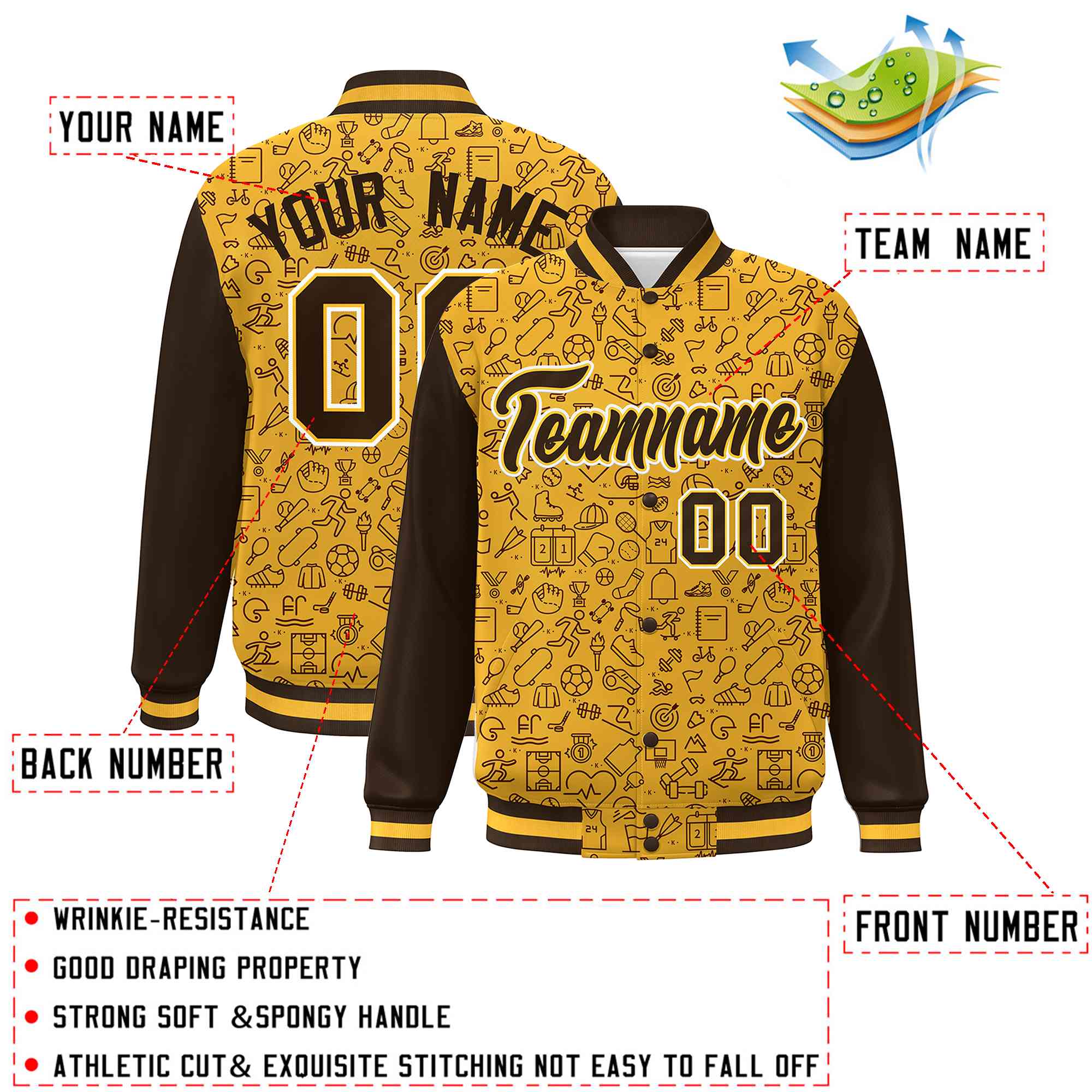 Custom Gold Brown Line Graffiti Pattern Varsity Raglan Sleeves Letterman Baseball Jacket