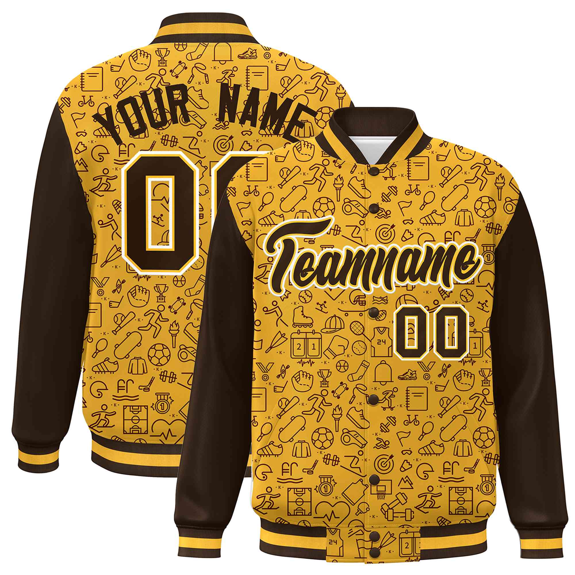 Custom Gold Brown Line Graffiti Pattern Varsity Raglan Sleeves Letterman Baseball Jacket