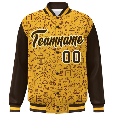 Custom Gold Brown Line Graffiti Pattern Varsity Raglan Sleeves Letterman Baseball Jacket