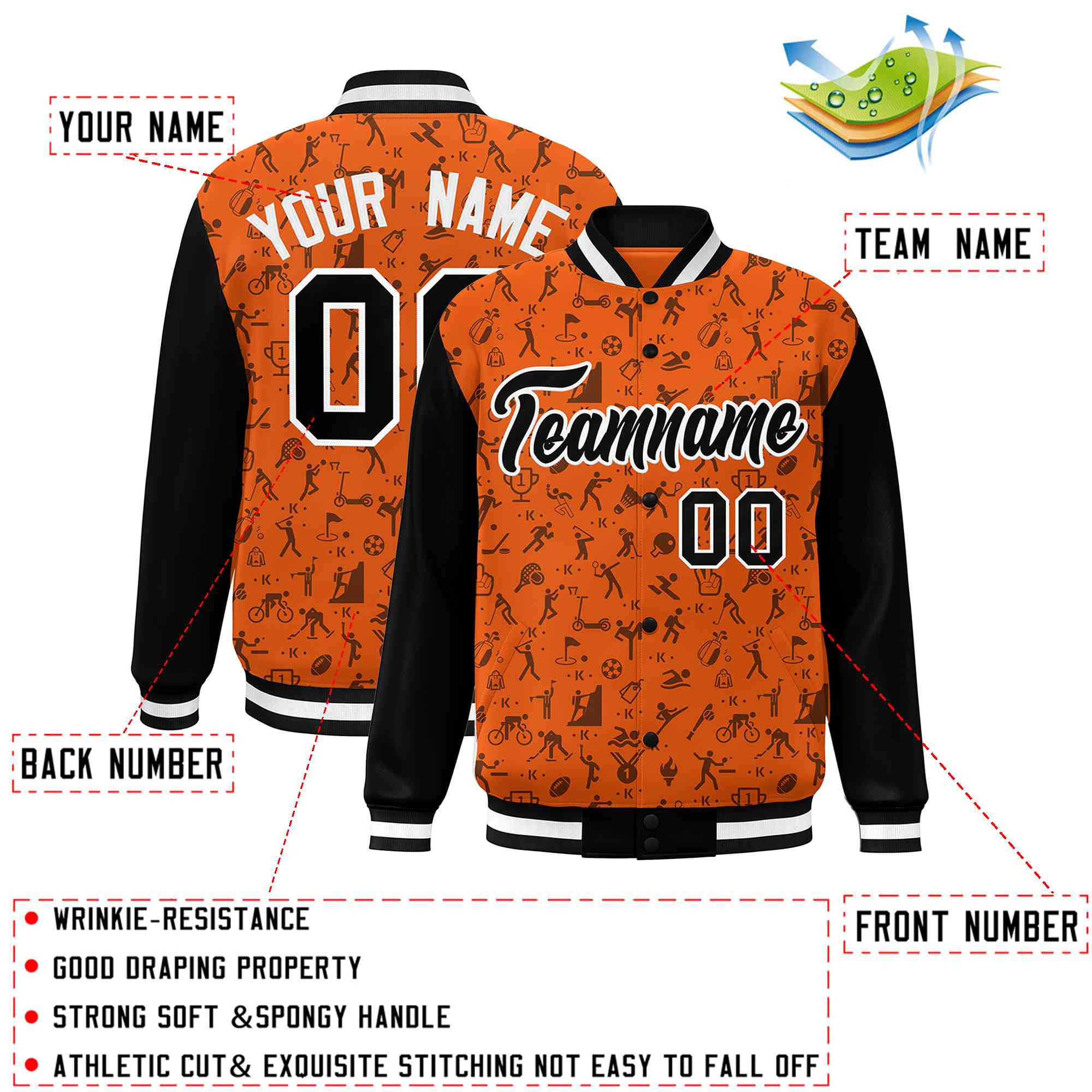 Custom Orange Black Graffiti Pattern Varsity Raglan Sleeves Letterman Baseball Jacket