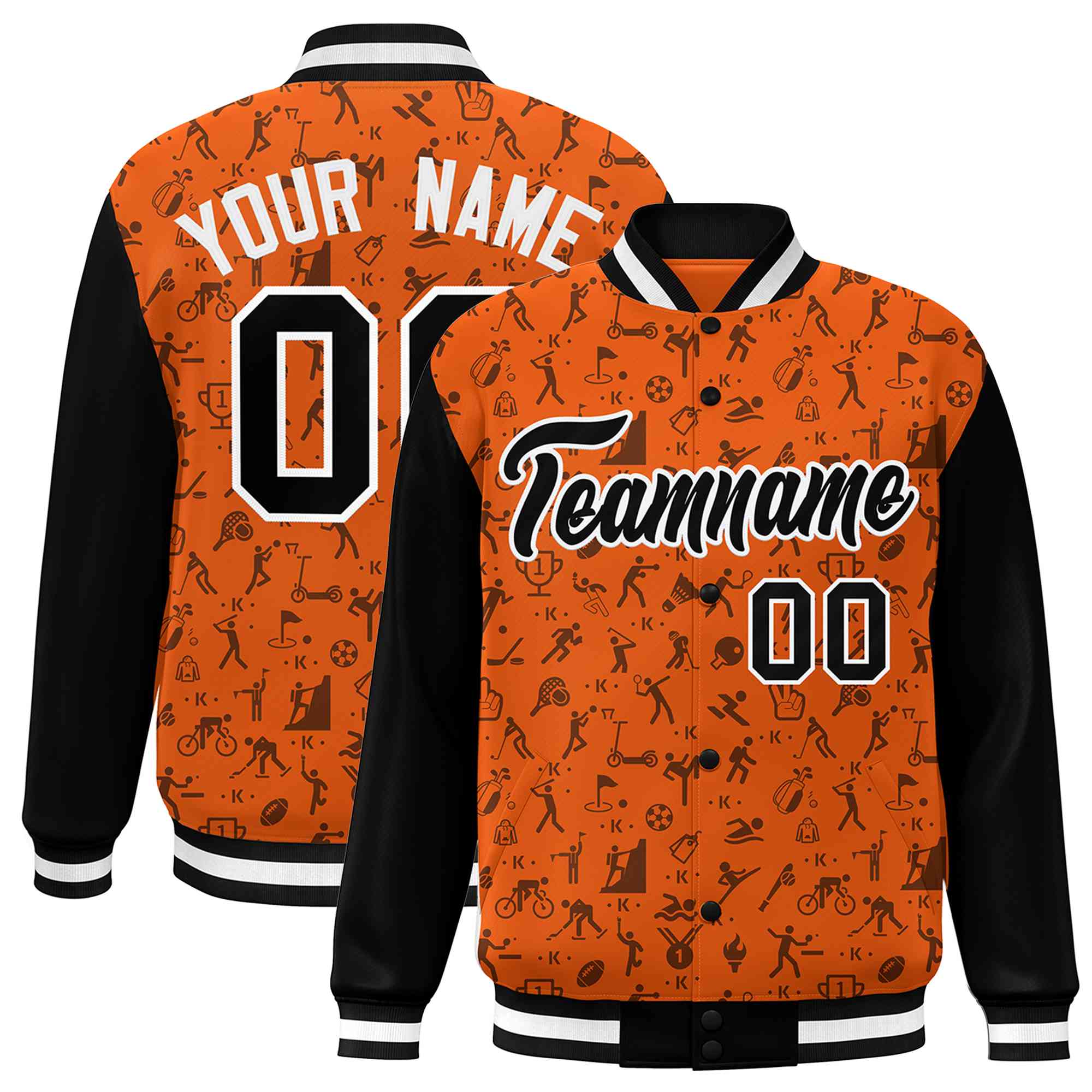 Custom Orange Black Graffiti Pattern Varsity Raglan Sleeves Letterman Baseball Jacket