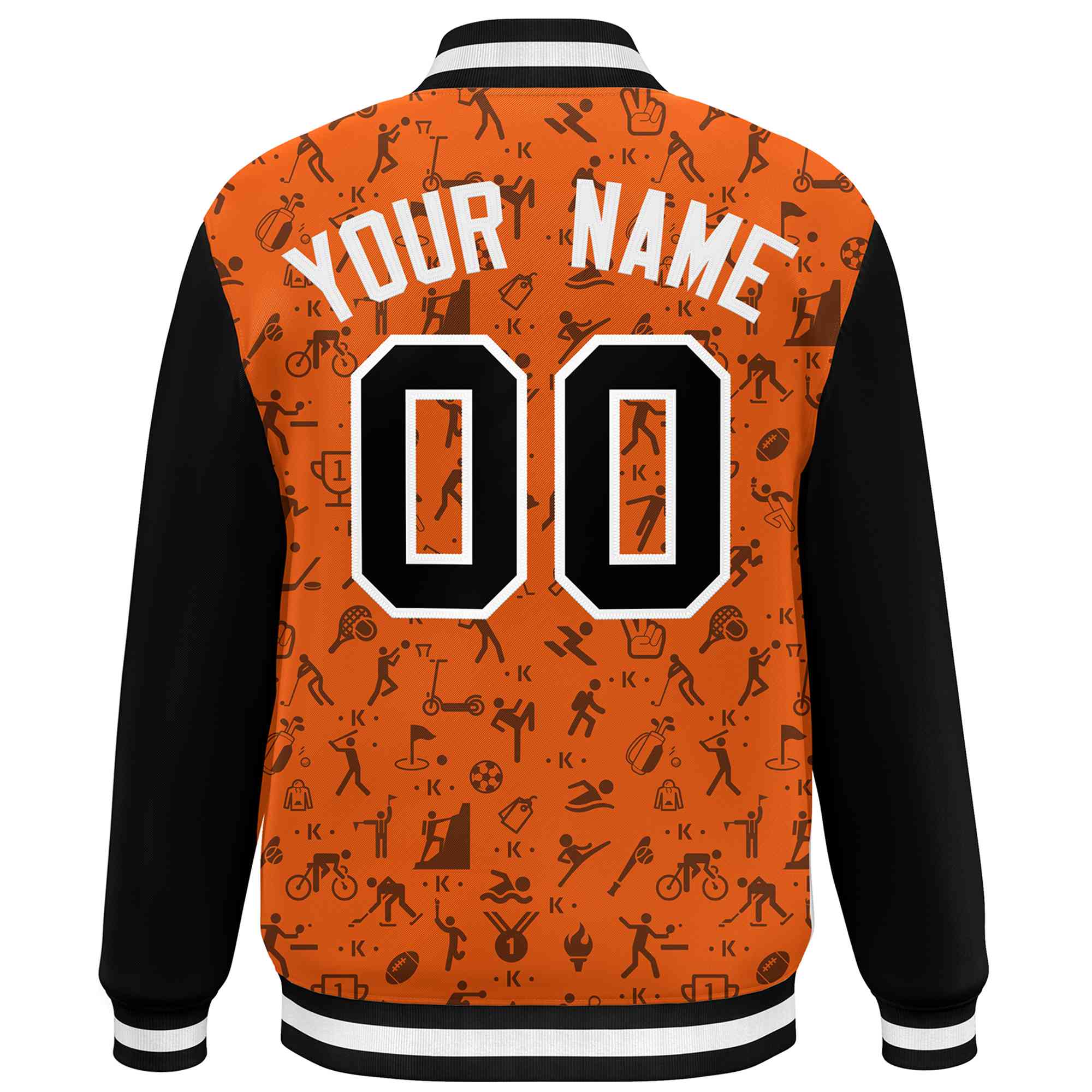 Custom Orange Black Graffiti Pattern Varsity Raglan Sleeves Letterman Baseball Jacket