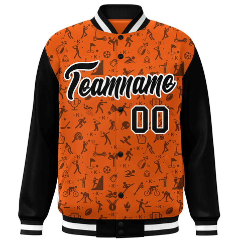 Custom Orange Black Graffiti Pattern Varsity Raglan Sleeves Letterman Baseball Jacket