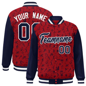 Custom Red Navy Graffiti Pattern Varsity Raglan Sleeves Letterman Baseball Jacket