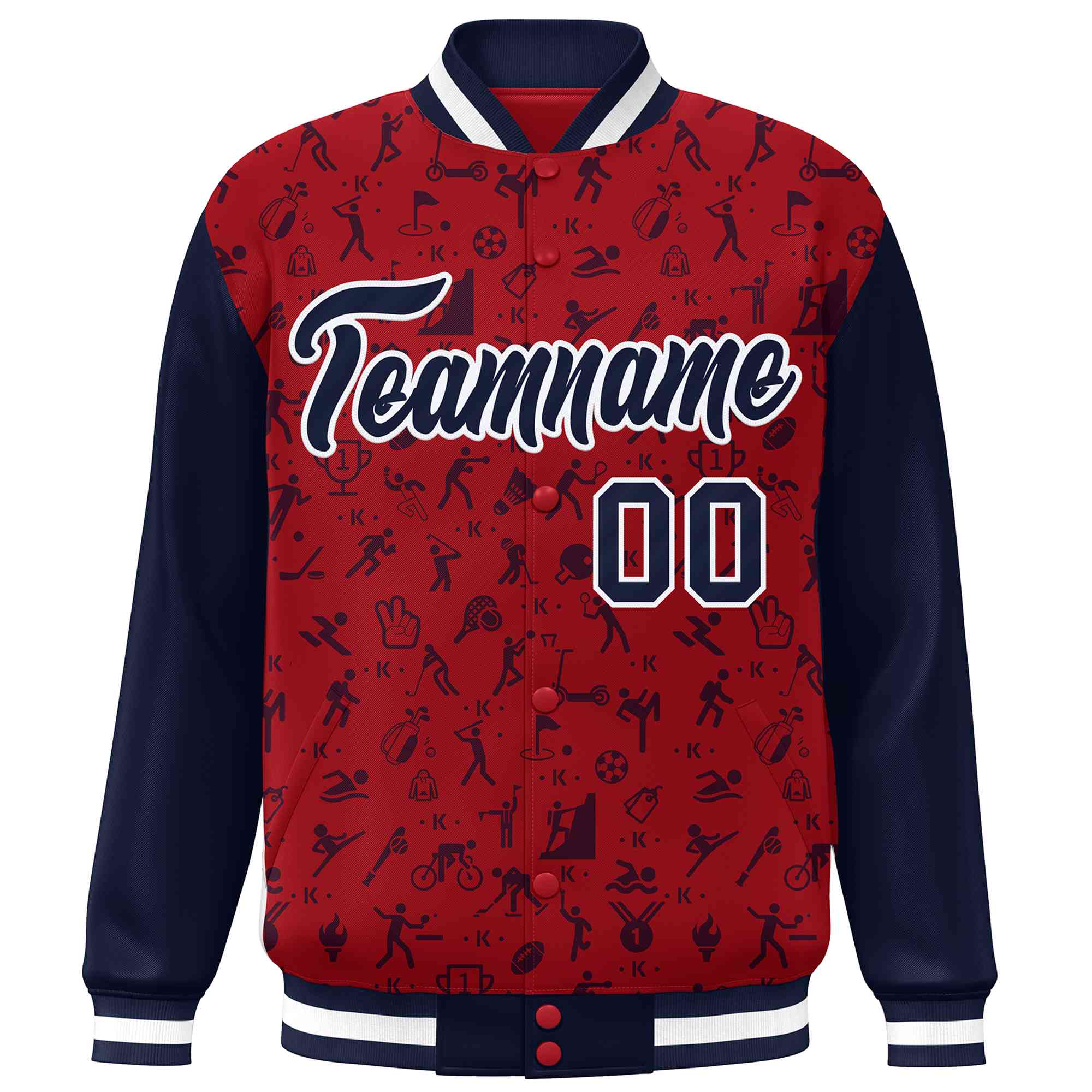 Custom Red Navy Graffiti Pattern Varsity Raglan Sleeves Letterman Baseball Jacket