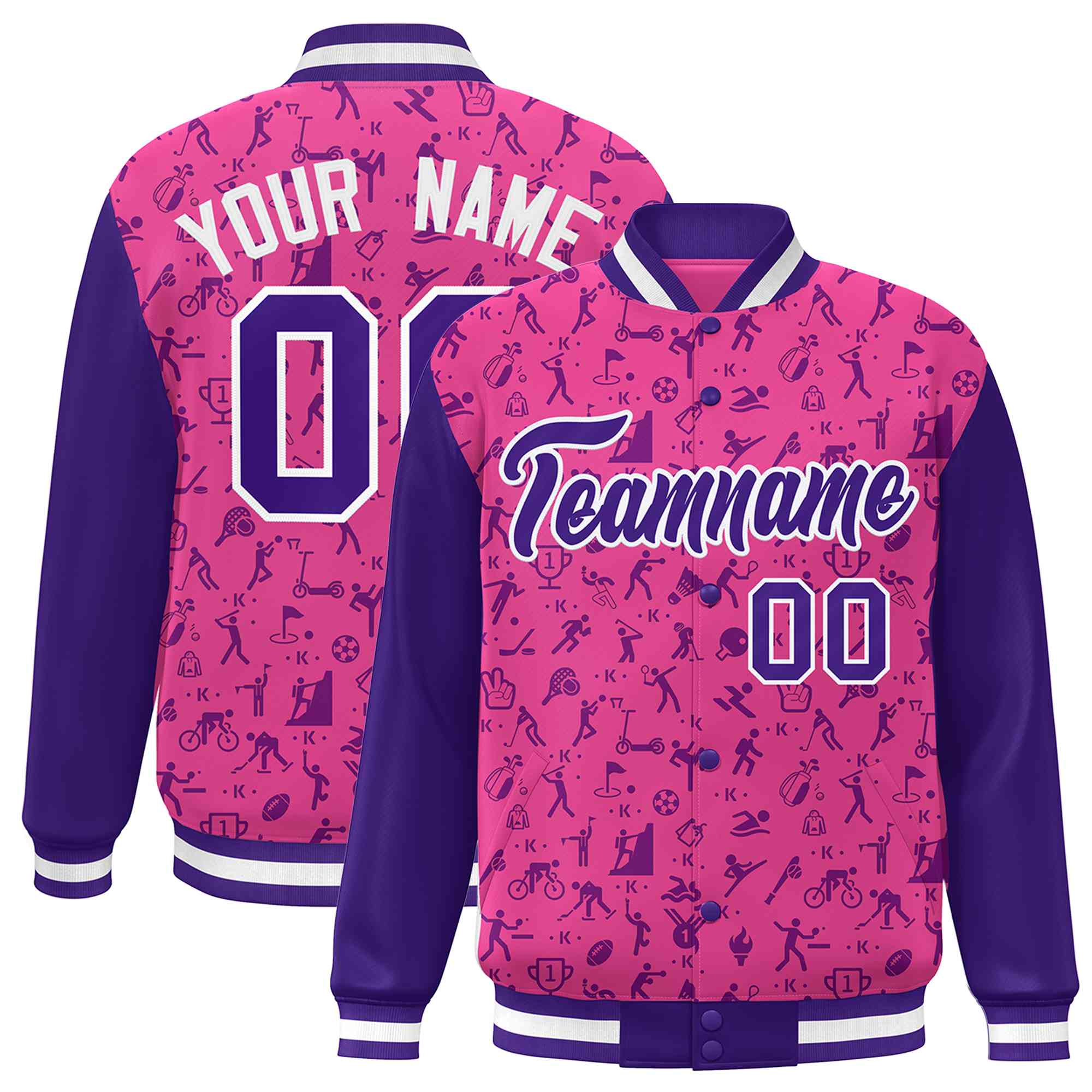 Custom Pink Purple Graffiti Pattern Varsity Raglan Sleeves Letterman Baseball Jacket