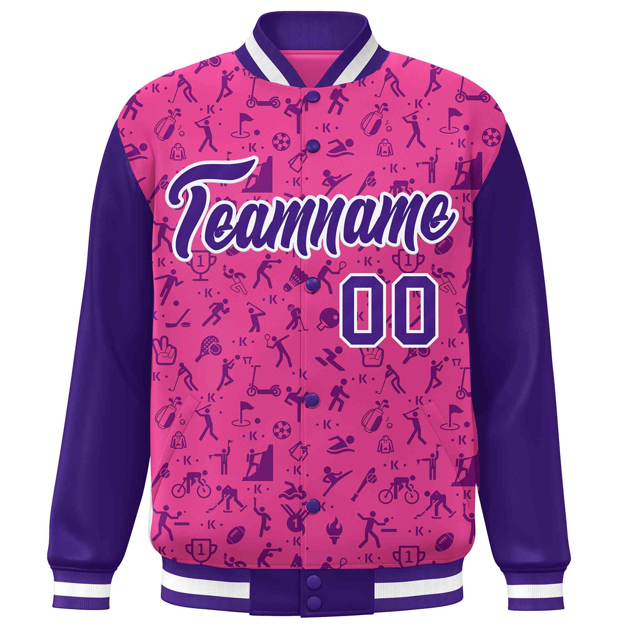 Custom Pink Purple Graffiti Pattern Varsity Raglan Sleeves Letterman Baseball Jacket