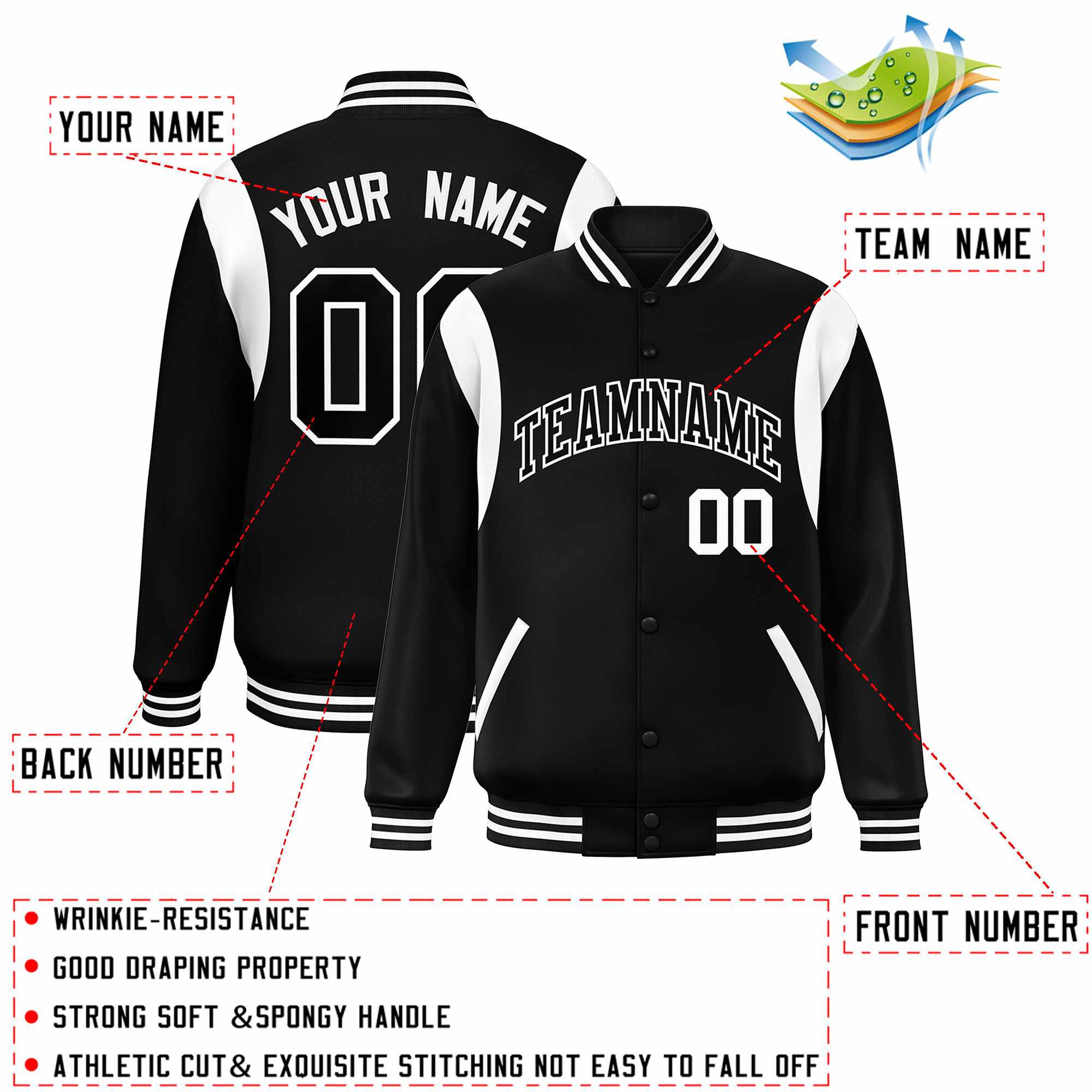 Custom Black White Color Block Bomber Varsity Full-Snap Baseball Jacket