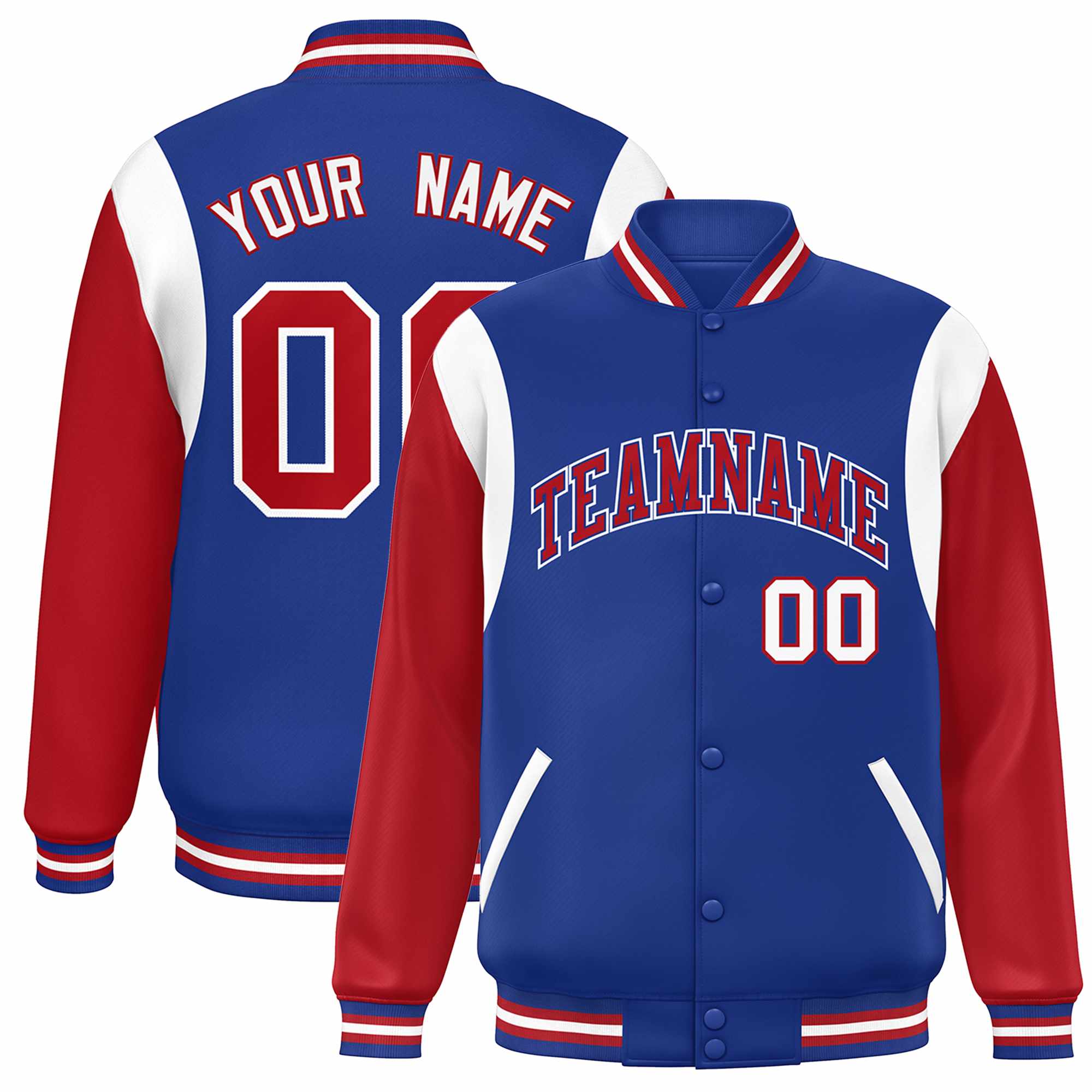 Custom Royal Red-White Color Block Bomber Varsity Full-Snap Baseball Jacket