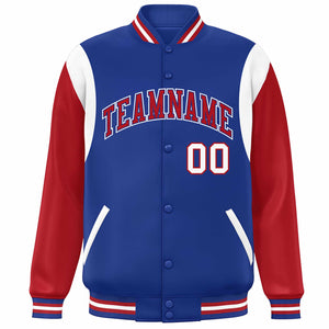 Custom Royal Red-White Color Block Bomber Varsity Full-Snap Baseball Jacket