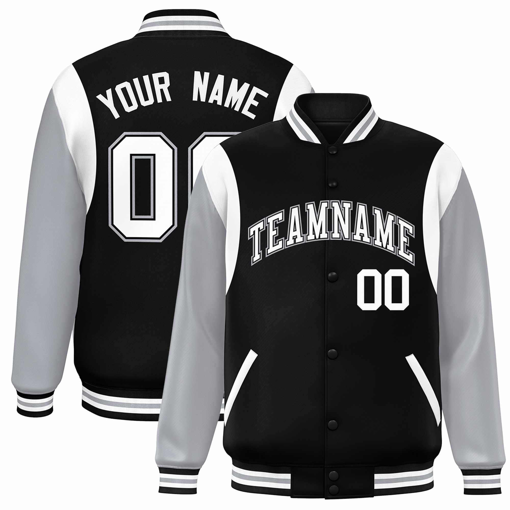 Custom Black Gray-White Color Block Bomber Varsity Full-Snap Baseball Jacket