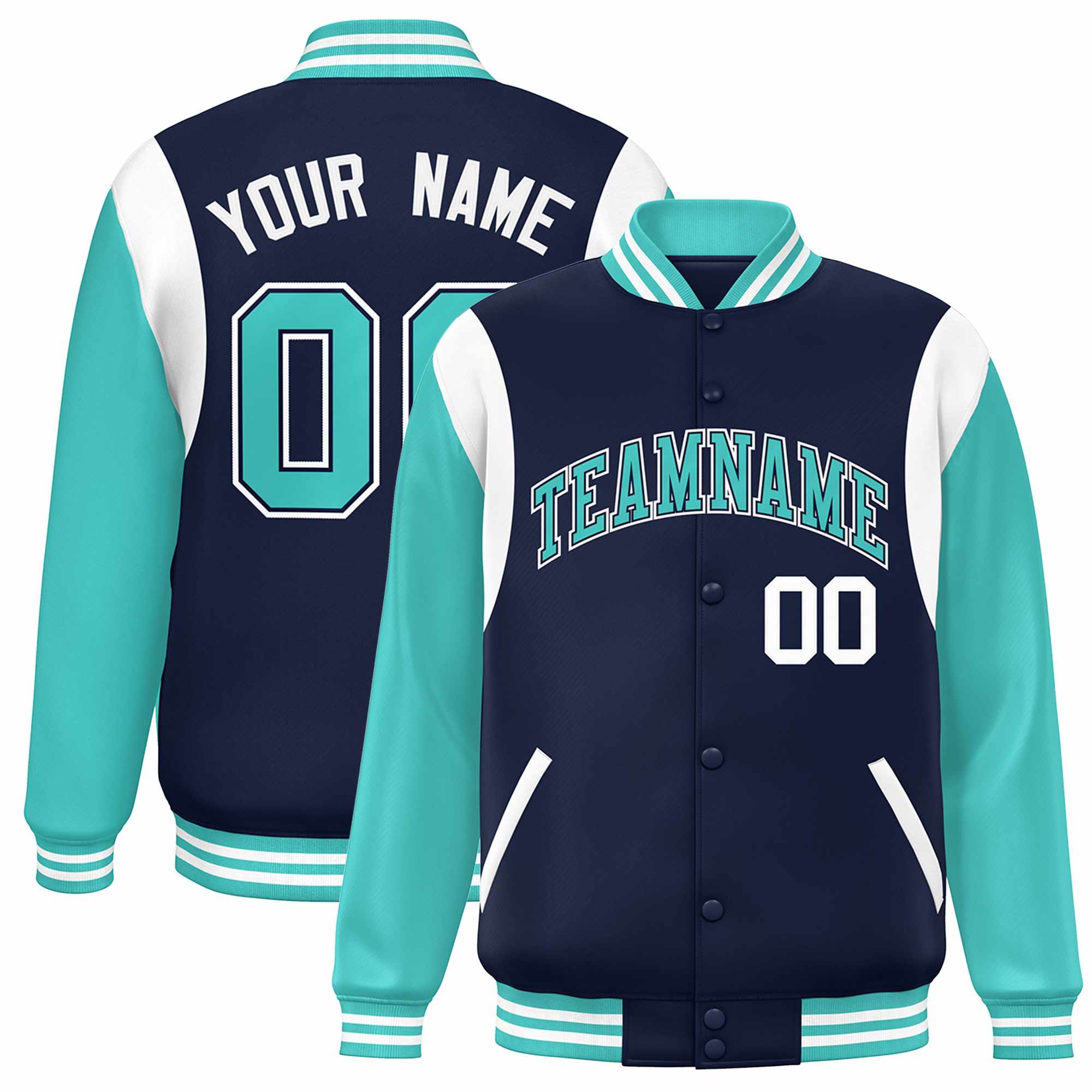 Custom Navy Aqua-White Color Block Bomber Varsity Full-Snap Baseball Jacket