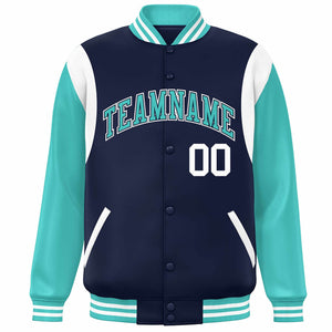 Custom Navy Aqua-White Color Block Bomber Varsity Full-Snap Baseball Jacket