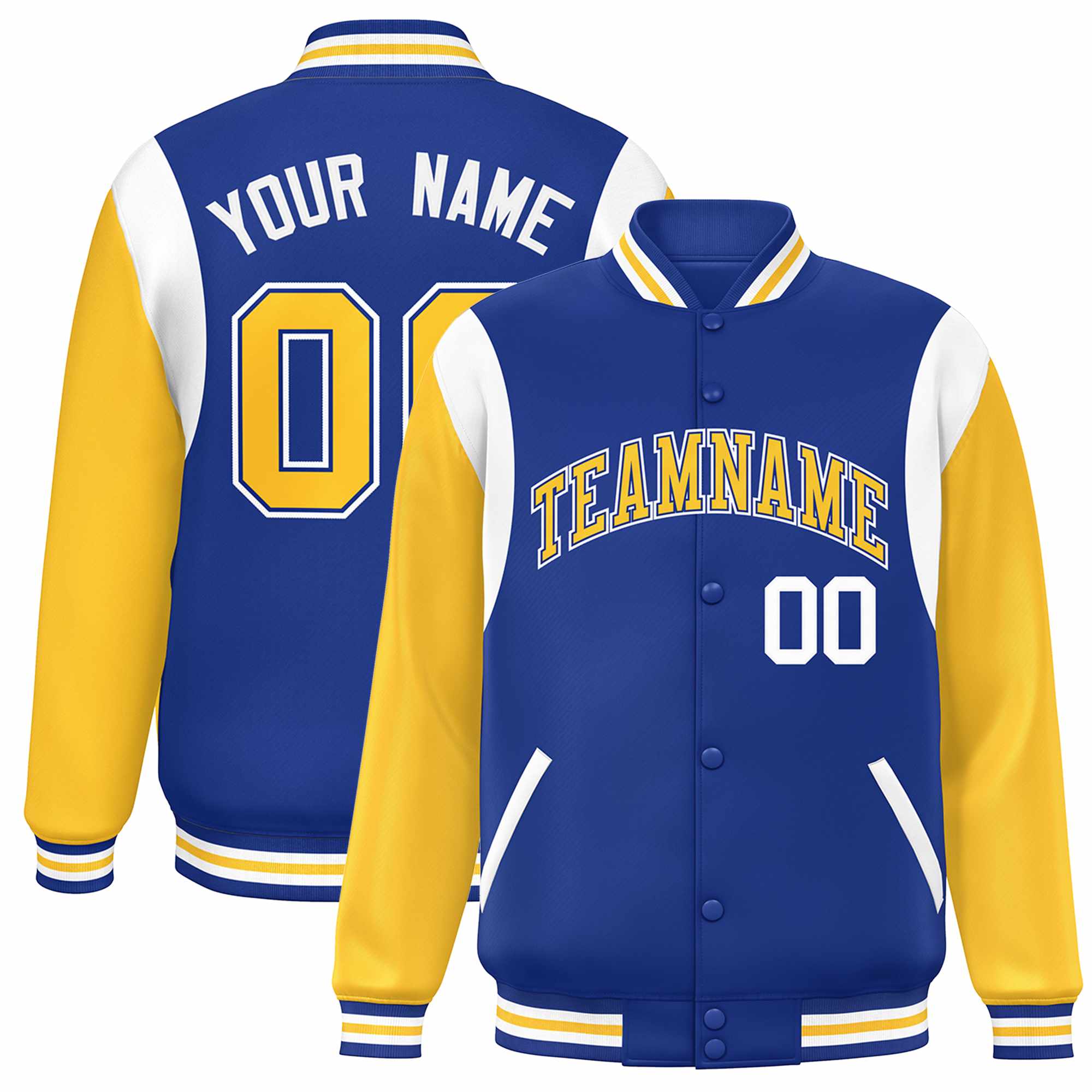 Custom Royal Yellow-White Color Block Bomber Varsity Full-Snap Baseball Jacket