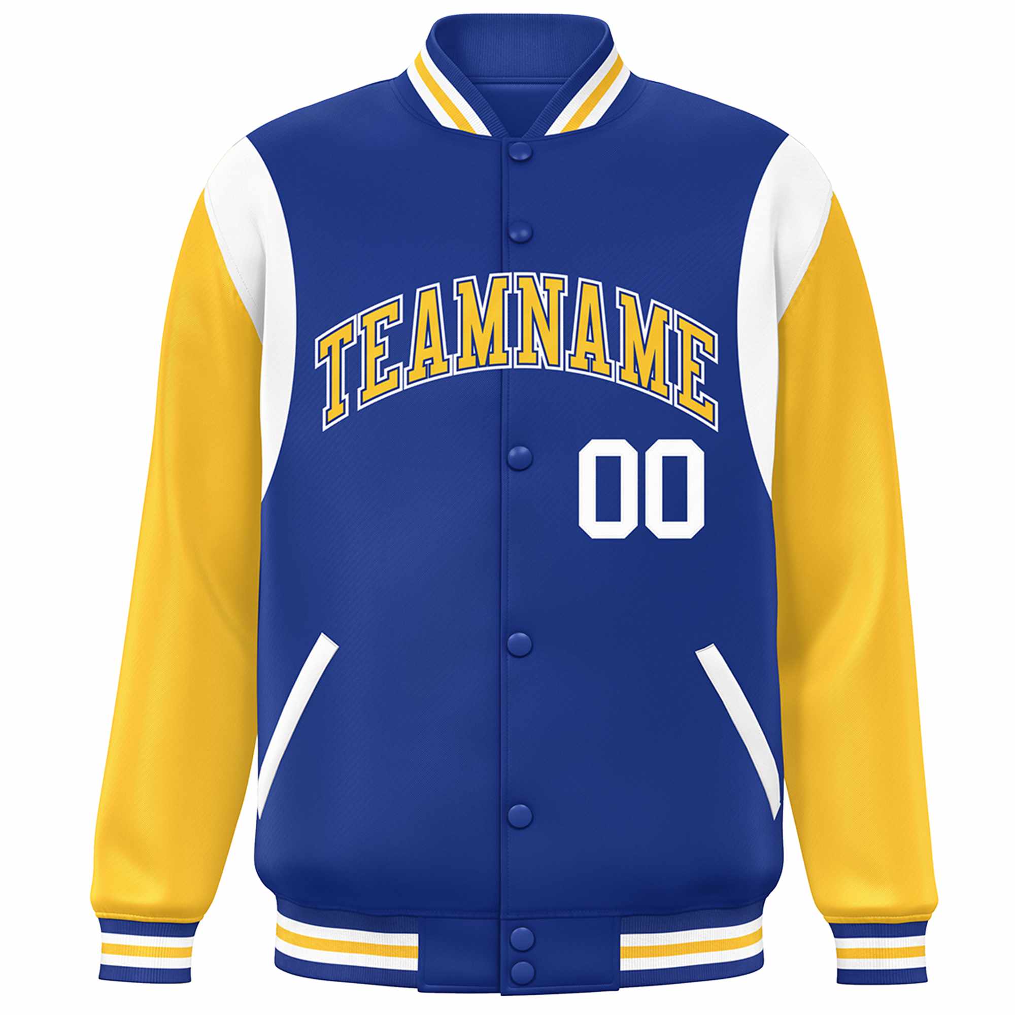 Custom Royal Yellow-White Color Block Bomber Varsity Full-Snap Baseball Jacket