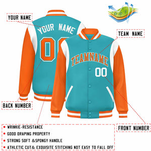 Custom Aqua Orange-White Color Block Bomber Varsity Full-Snap Baseball Jacket