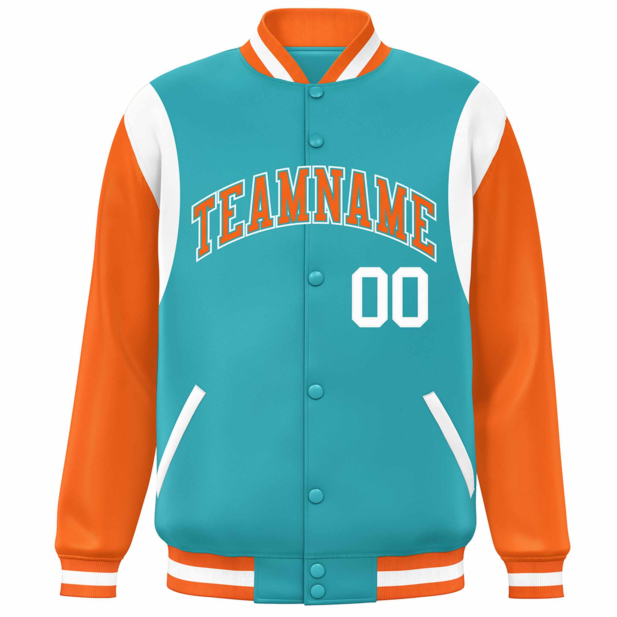 Custom Aqua Orange-White Color Block Bomber Varsity Full-Snap Baseball Jacket