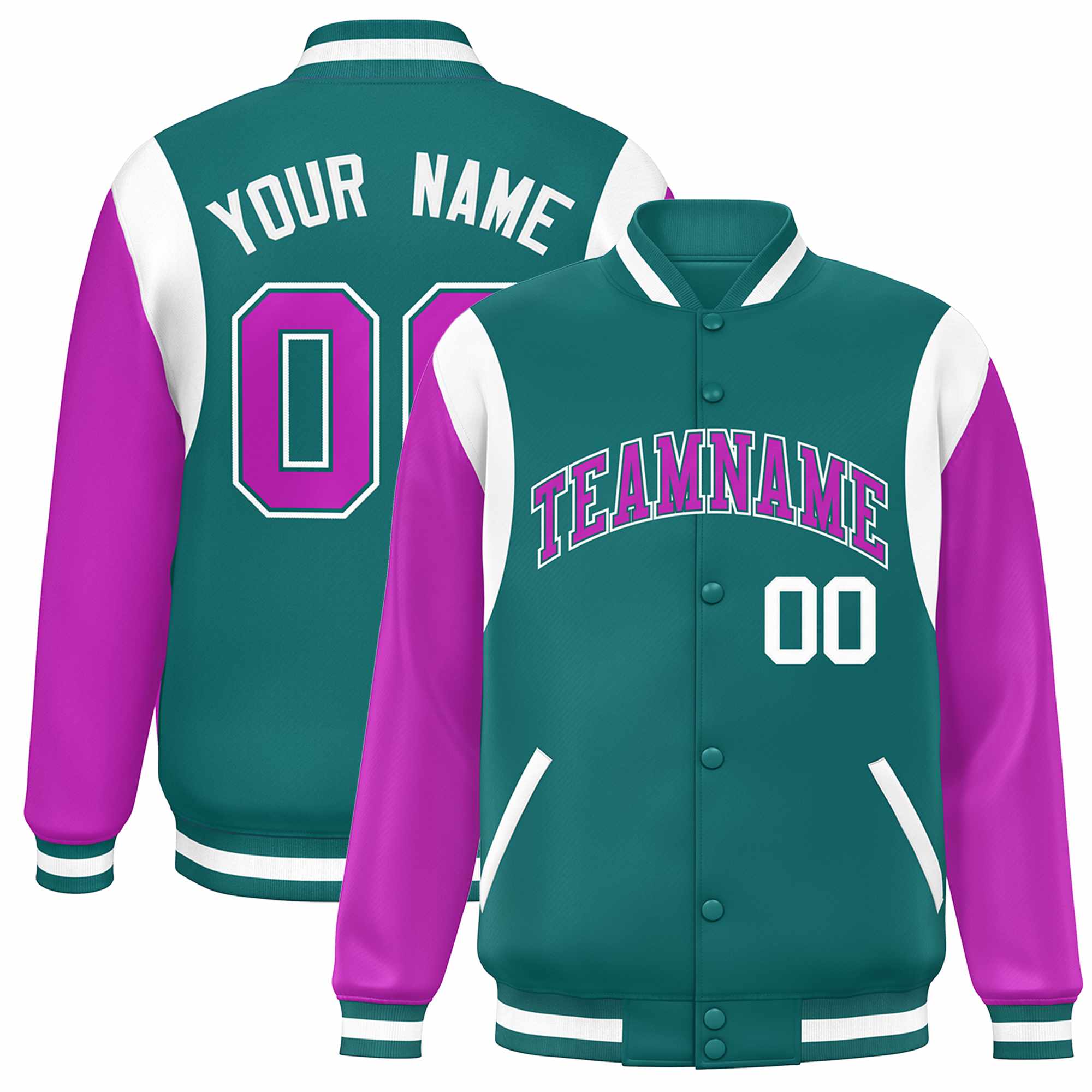 Custom Aqua Purple-White Color Block Bomber Varsity Full-Snap Baseball Jacket