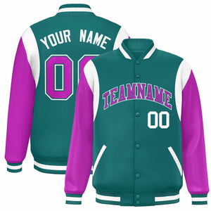 Custom Aqua Purple-White Color Block Bomber Varsity Full-Snap Baseball Jacket