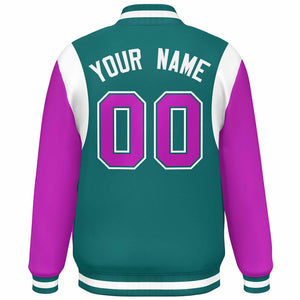 Custom Aqua Purple-White Color Block Bomber Varsity Full-Snap Baseball Jacket