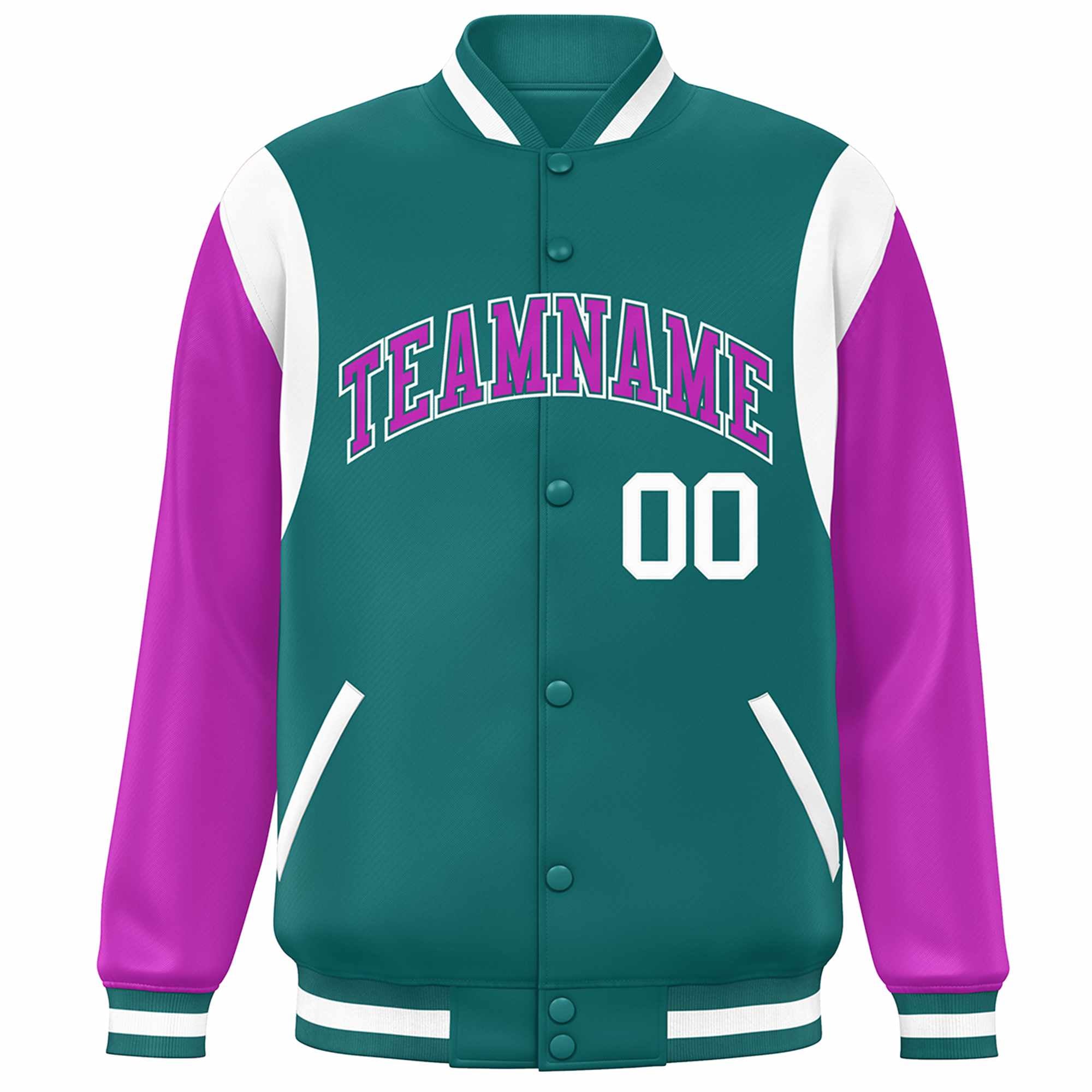 Custom Aqua Purple-White Color Block Bomber Varsity Full-Snap Baseball Jacket