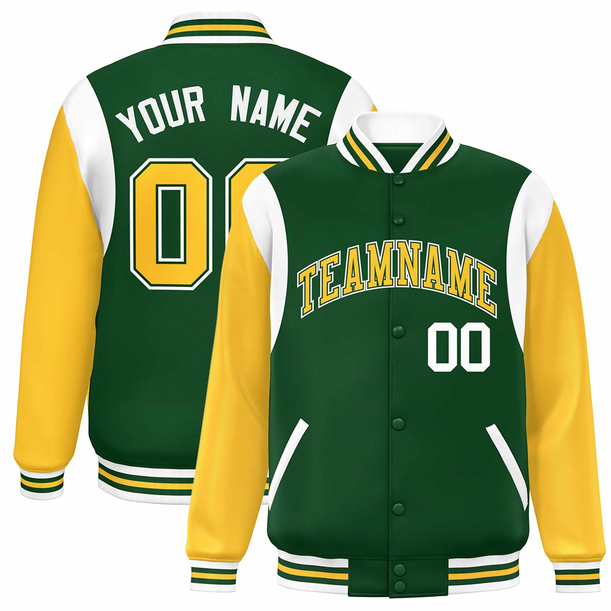 Custom Green Yellow-White Color Block Bomber Varsity Full-Snap Baseball Jacket