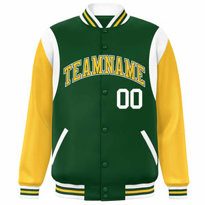 Custom Green Yellow-White Color Block Bomber Varsity Full-Snap Baseball Jacket