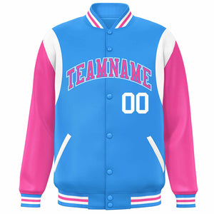 Custom Powder Blue Pink-White Color Block Bomber Varsity Full-Snap Baseball Jacket