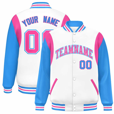 Custom White Powder Blue-Pink Color Block Bomber Varsity Full-Snap Baseball Jacket