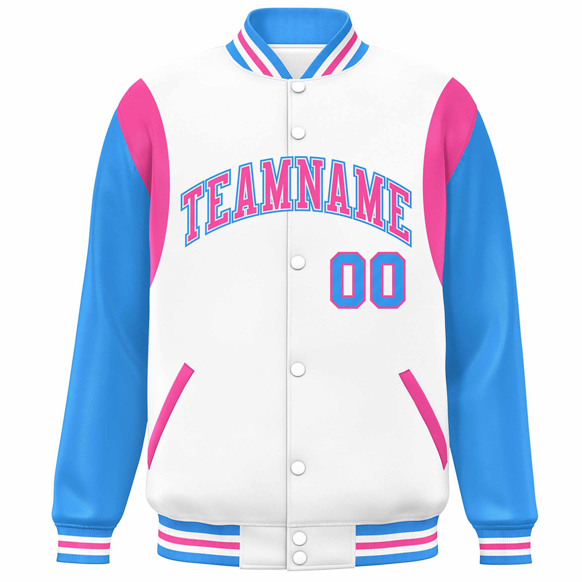 Custom White Powder Blue-Pink Color Block Bomber Varsity Full-Snap Baseball Jacket