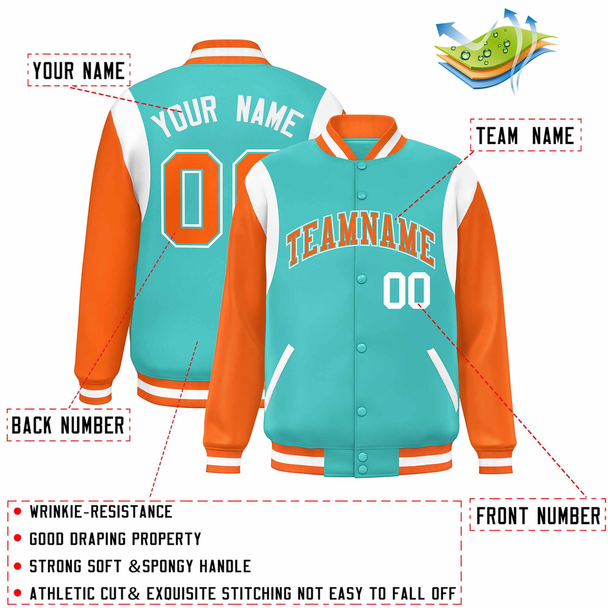 Custom Aqua Orange-White Color Block Bomber Varsity Full-Snap Baseball Jacket