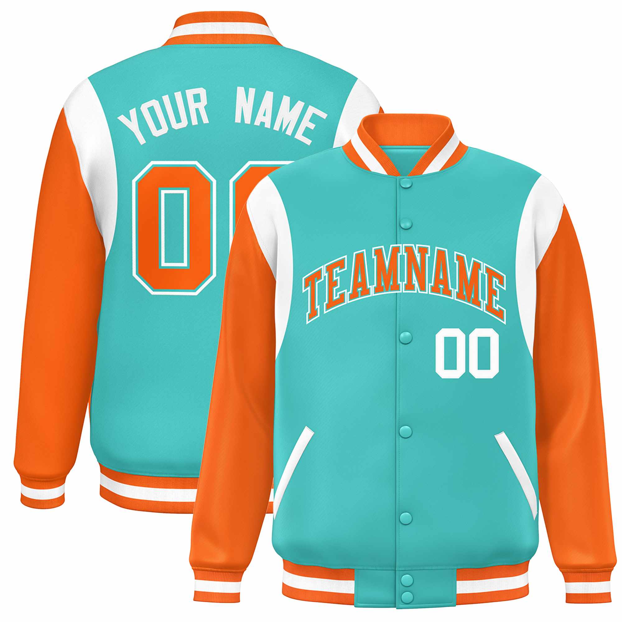 Custom Aqua Orange-White Color Block Bomber Varsity Full-Snap Baseball Jacket