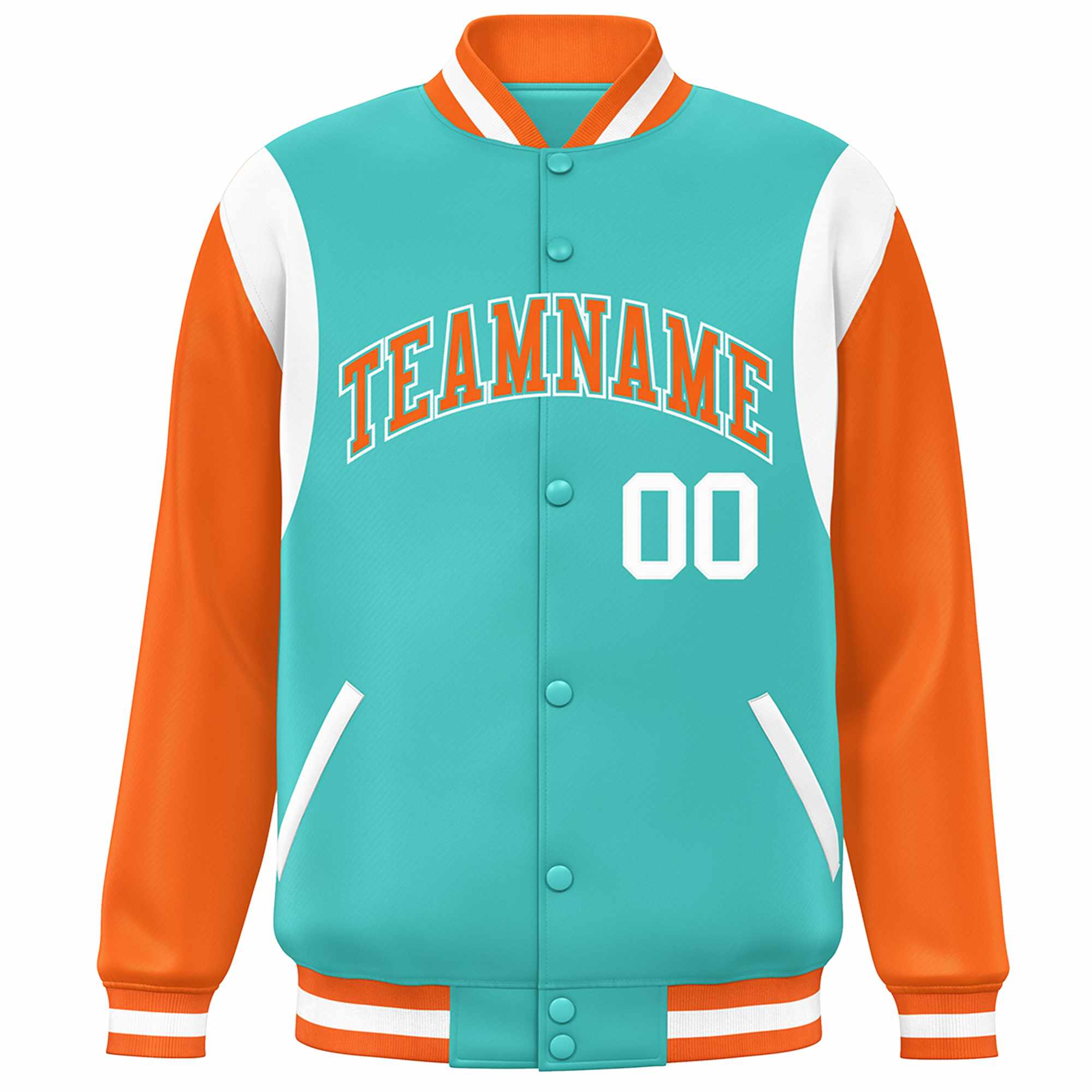 Custom Aqua Orange-White Color Block Bomber Varsity Full-Snap Baseball Jacket