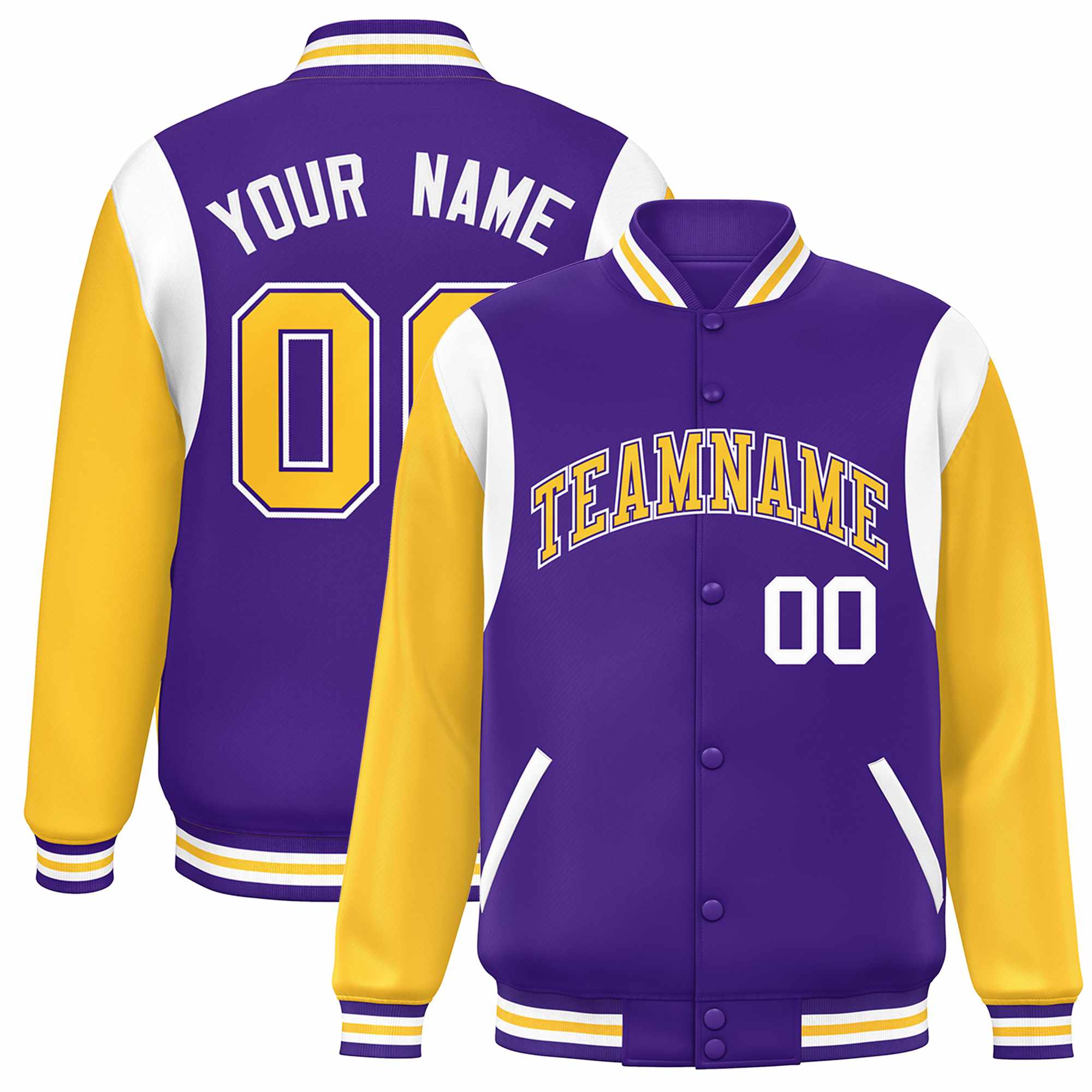 Custom Purple Yellow-White Color Block Bomber Varsity Full-Snap Baseball Jacket