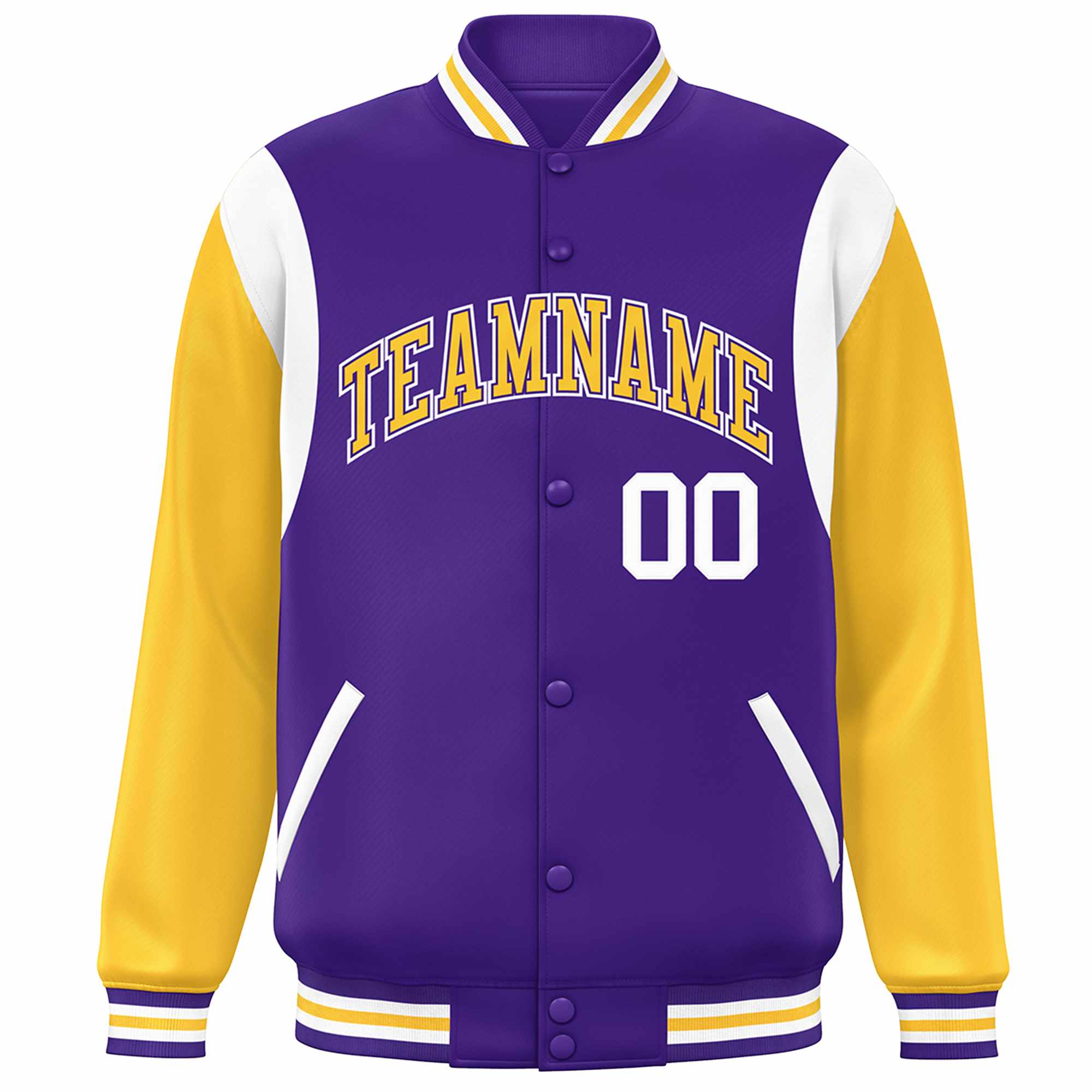 Custom Purple Yellow-White Color Block Bomber Varsity Full-Snap Baseball Jacket