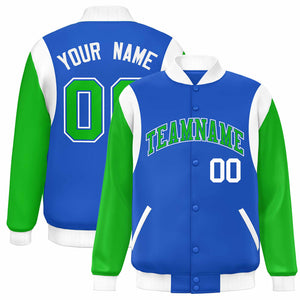 Custom Blue Kelly Green-White Color Block Bomber Varsity Full-Snap Baseball Jacket