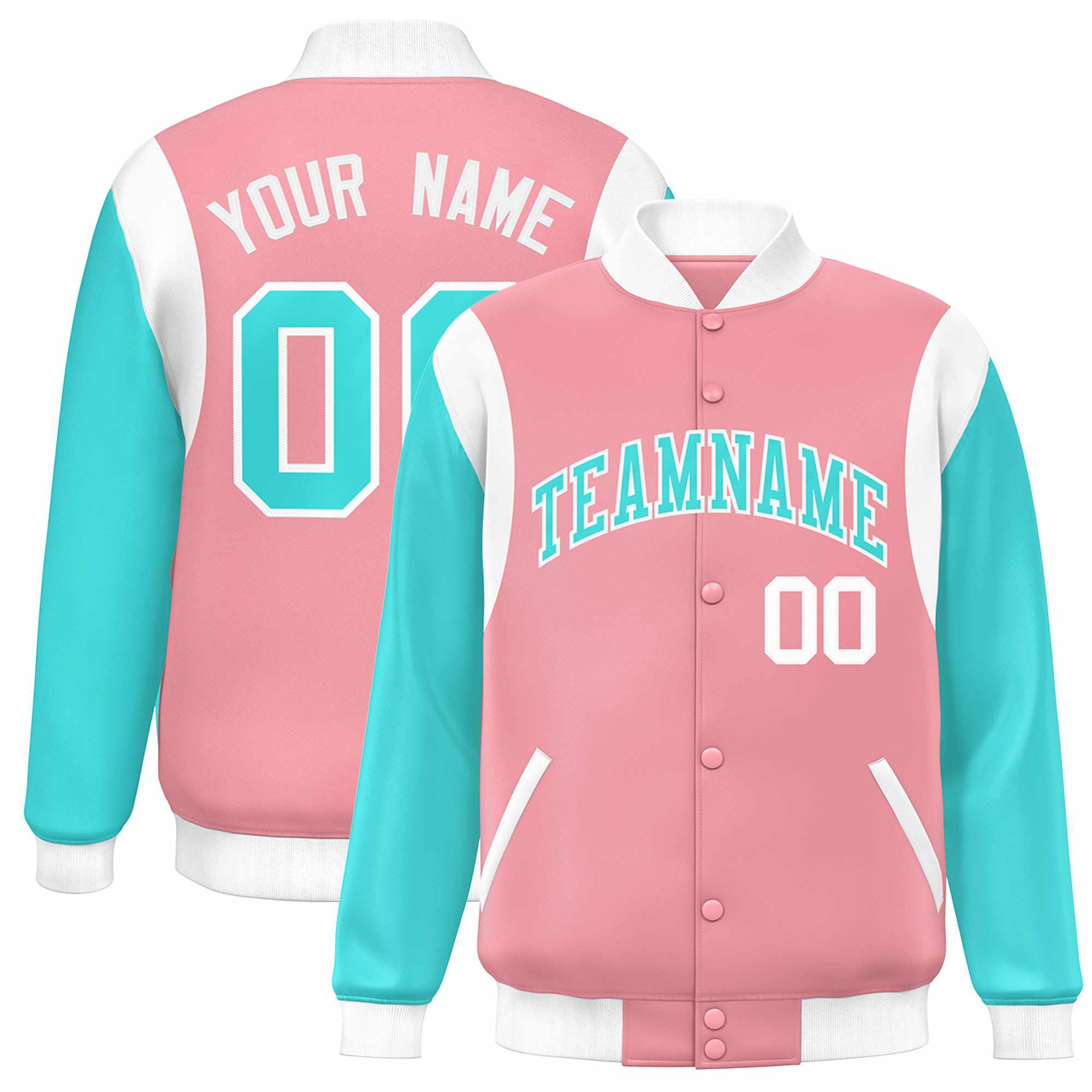 Custom Pink Aqua-White Color Block Bomber Varsity Full-Snap Baseball Jacket