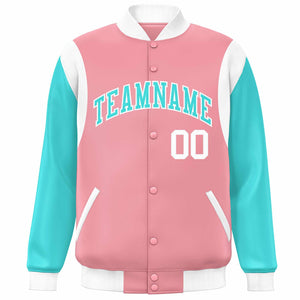 Custom Pink Aqua-White Color Block Bomber Varsity Full-Snap Baseball Jacket