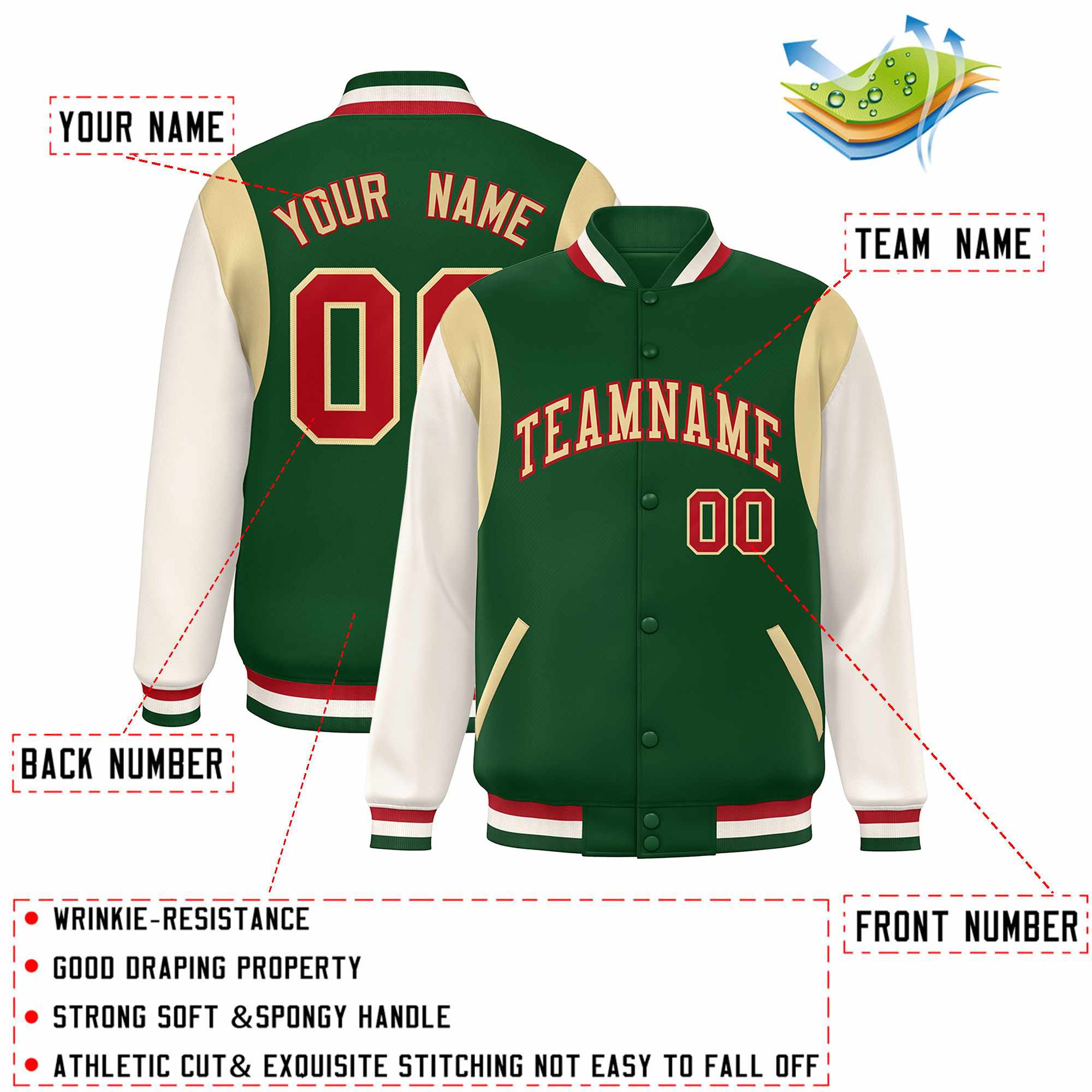 Custom Green Khaki-Red Color Block Bomber Varsity Full-Snap Baseball Jacket