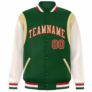 Custom Green Khaki-Red Color Block Bomber Varsity Full-Snap Baseball Jacket