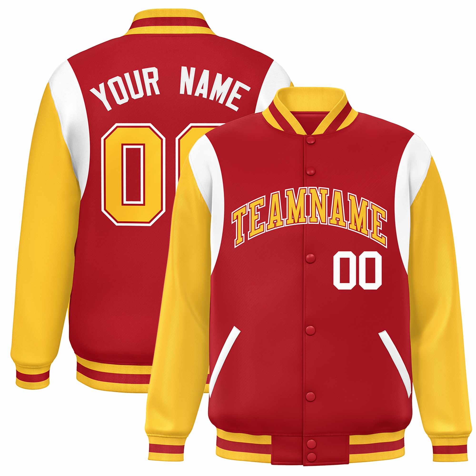 Custom Red Yellow-White Color Block Bomber Varsity Full-Snap Baseball Jacket