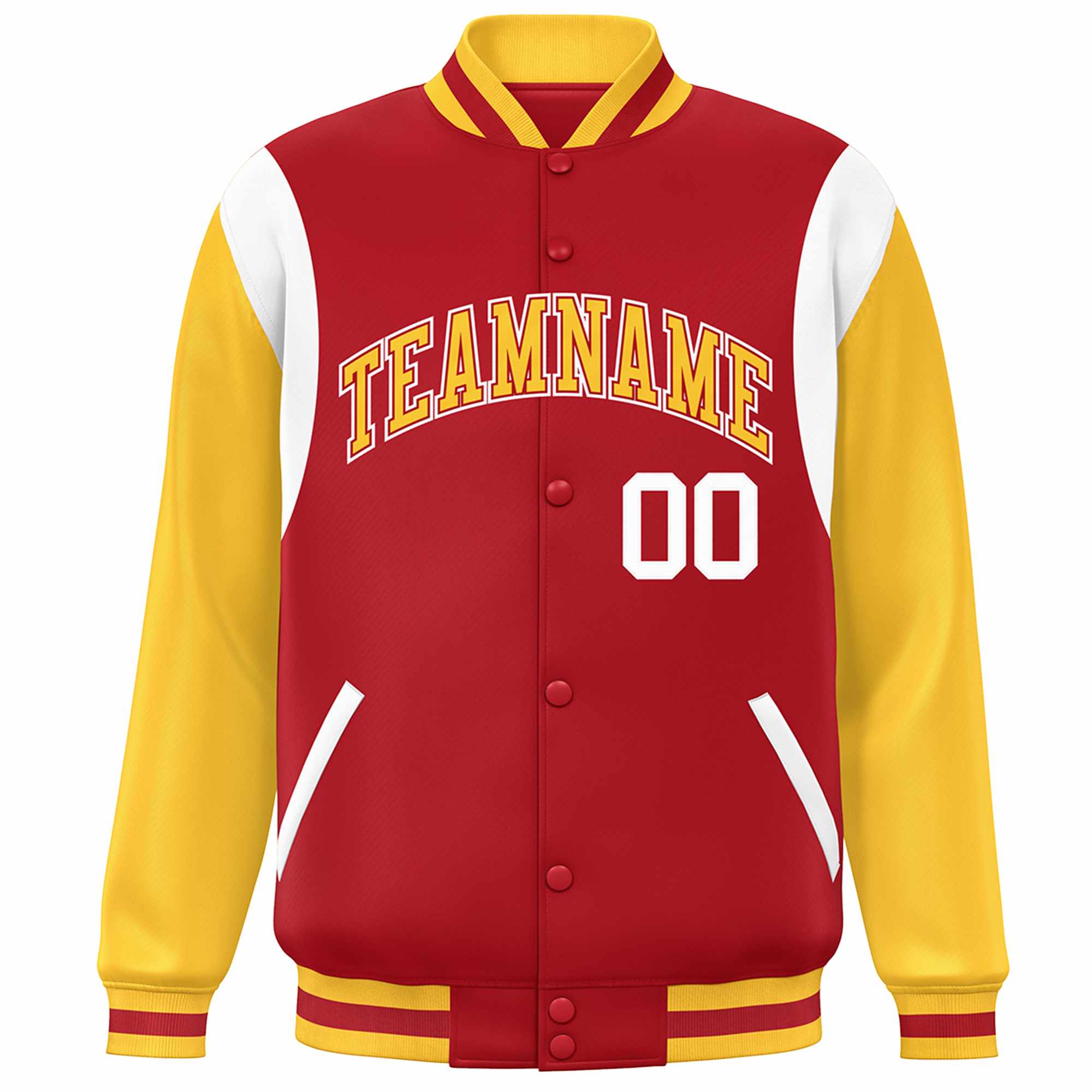 Custom Red Yellow-White Color Block Bomber Varsity Full-Snap Baseball Jacket