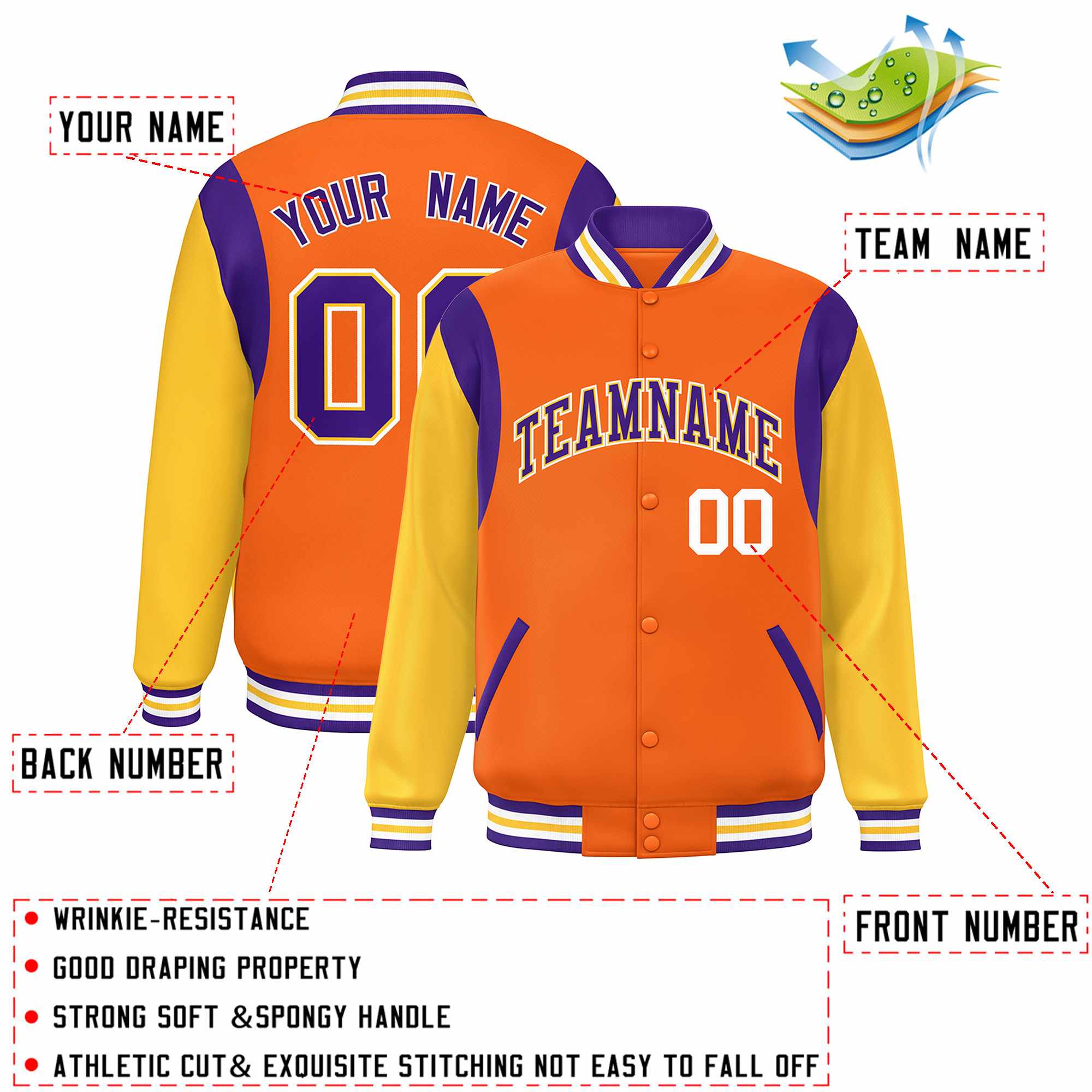 Custom Orange Yellow-Purple Color Block Bomber Varsity Full-Snap Baseball Jacket