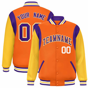 Custom Orange Yellow-Purple Color Block Bomber Varsity Full-Snap Baseball Jacket