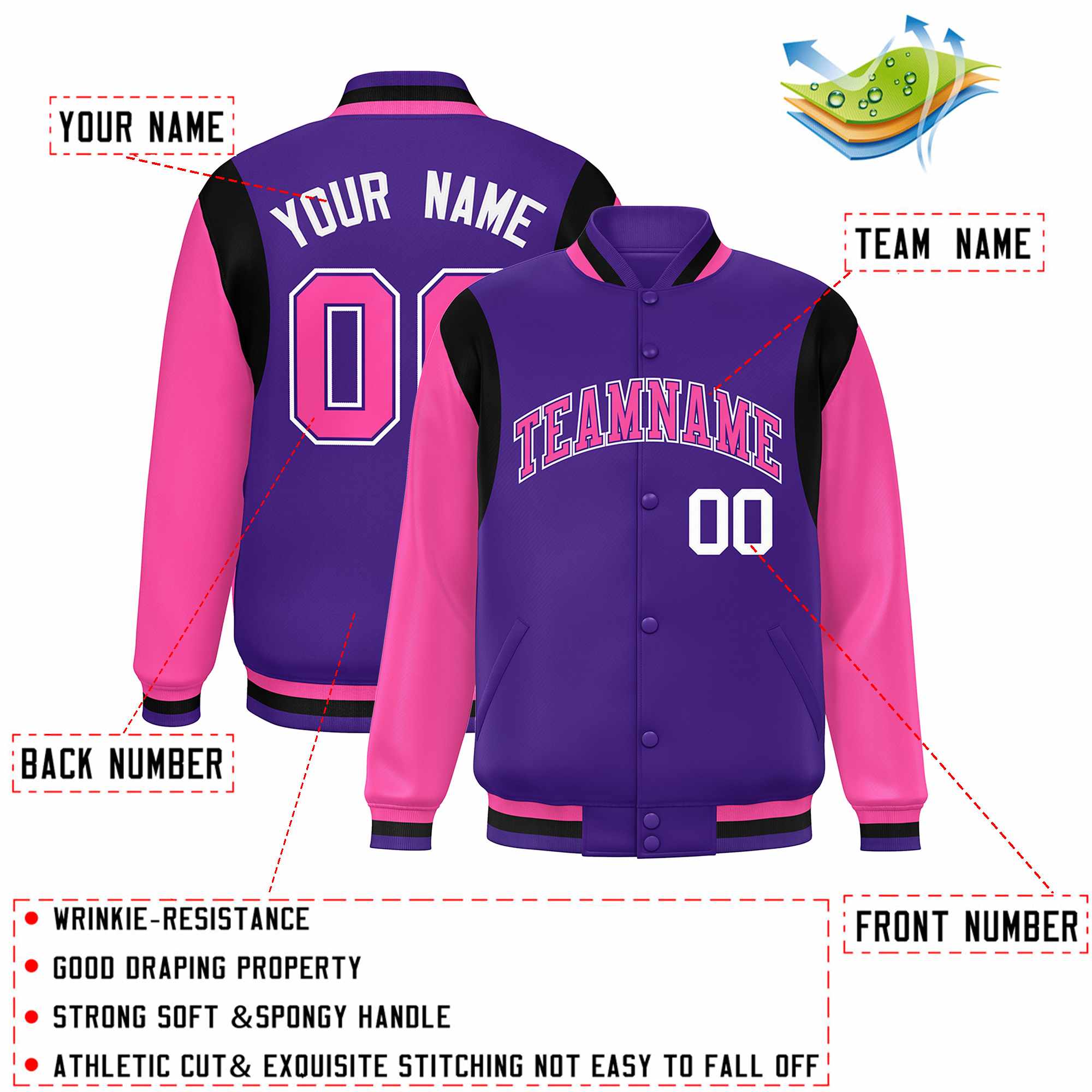 Custom Purple Pink-White Color Block Bomber Varsity Full-Snap Baseball Jacket