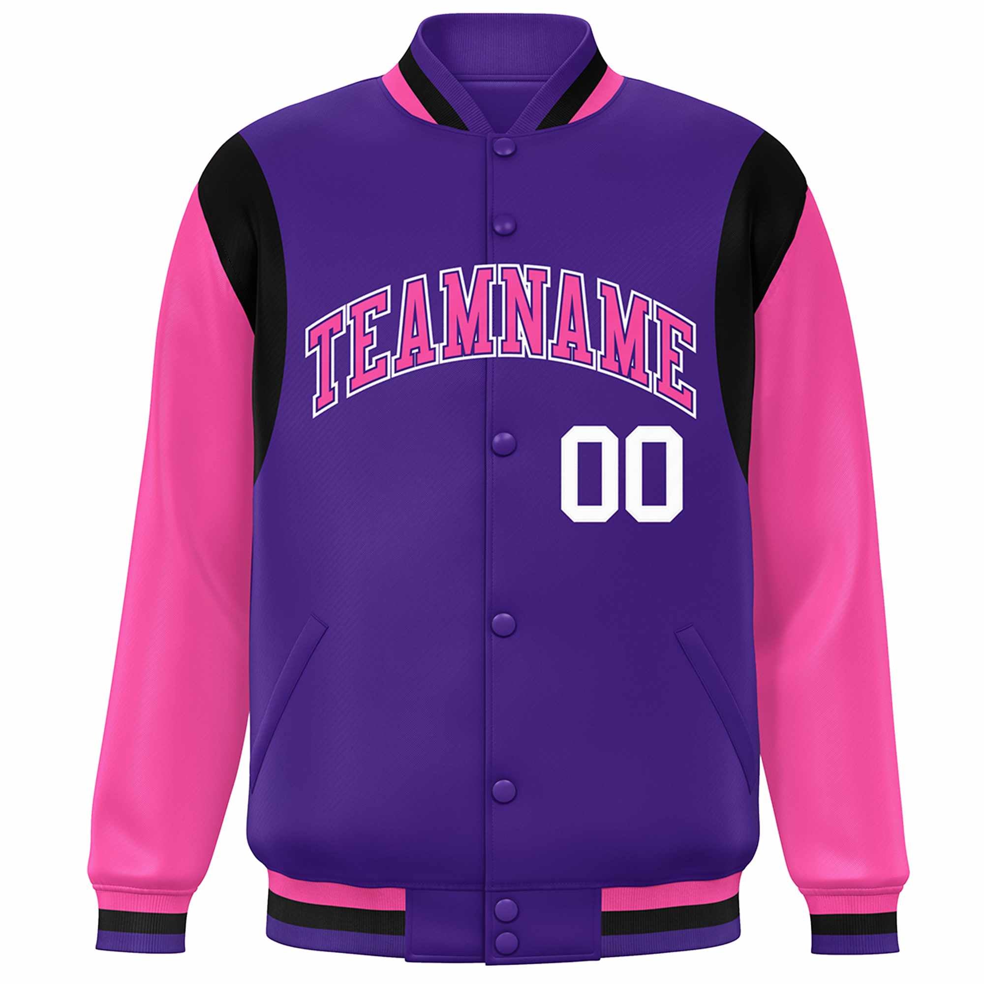 Custom Purple Pink-White Color Block Bomber Varsity Full-Snap Baseball Jacket